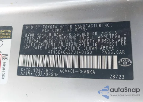 2007 Toyota Camry Le z USA, uszkodzony, nr VIN 4T1BE46K37U140150